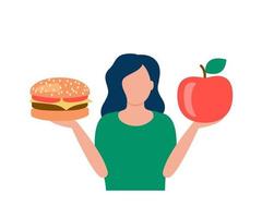 Mujer mantenga hamburguesa y manzana en las manos, elección de alimentos saludables vector