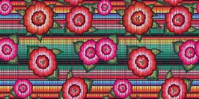 Bandera sin costuras patrón de bordado floral mexicano, flores étnicas vector