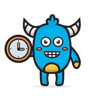 cartoon cute blue monster holding clock vector