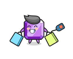 purple gemstone mascot cartoon holding a shopping bag vector