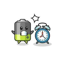 Cartoon Illustration of battery is surprised with a giant alarm clock vector