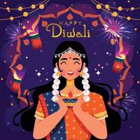 mujer celebrando el feliz diwali vector