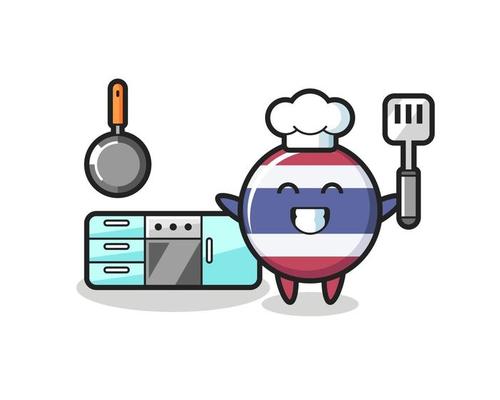thailand flag badge character illustration as a chef is cooking