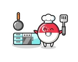 ilustración de personaje de insignia de bandera de singapur mientras un chef está cocinando vector