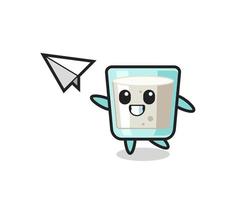 milk cartoon character throwing paper airplane vector