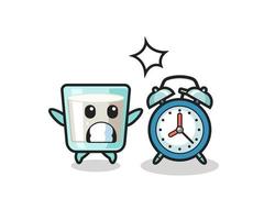 Cartoon Illustration of milk is surprised with a giant alarm clock vector