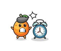 Cartoon Illustration of kumquat is surprised with a giant alarm clock vector