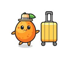 kumquat cartoon illustration with luggage on vacation vector