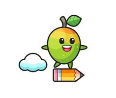 mango mascot illustration riding on a giant pencil vector