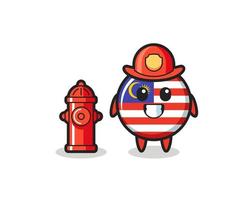 Personaje de mascota de la insignia de la bandera de Malasia como bombero vector