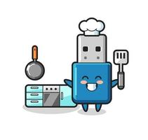 ilustración de personaje de unidad flash usb mientras un chef está cocinando vector