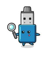 unidad flash usb personaje de dibujos animados buscando con una lupa vector