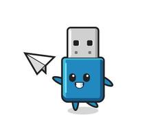 flash drive usb cartoon character throwing paper airplane vector