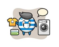 mascota, caricatura, de, grecia, bandera, insignia, con, lavadora vector