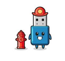 Personaje de mascota de unidad flash USB como bombero. vector