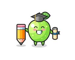 green apple illustration cartoon is graduation with a giant pencil vector
