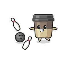 personaje de dibujos animados de la taza de café está jugando a los bolos vector