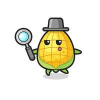 corn cartoon character searching with a magnifying glass vector