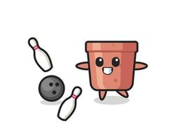 Character cartoon of flowerpot is playing bowling vector