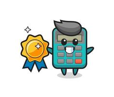 calculator mascot illustration holding a golden badge vector