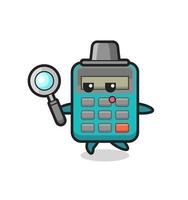 Calculadora de personaje de dibujos animados buscando con una lupa vector