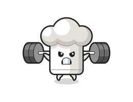 chef hat mascot cartoon with a barbell vector