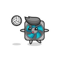 personaje de dibujos animados del ventilador de la computadora está jugando voleibol vector