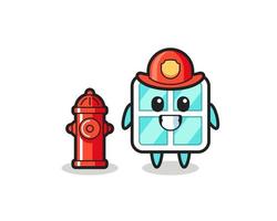 Personaje de mascota de ventana como bombero. vector