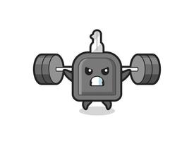 car key mascot cartoon with a barbell vector