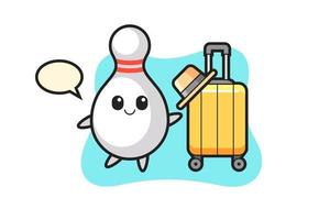 bowling pin cartoon illustration with luggage on vacation vector