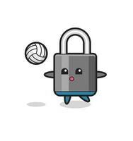 personaje de dibujos animados de candado está jugando voleibol vector