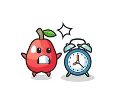 Illustration of water apple is surprised with a giant alarm clock vector