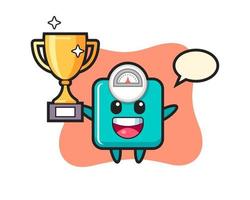 Illustration of weight scale is happy holding up the golden trophy vector