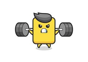 yellow card mascot cartoon with a barbell vector