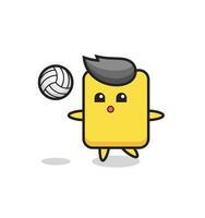 personaje de dibujos animados de tarjeta amarilla está jugando voleibol vector