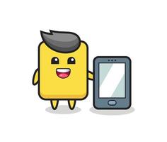 caricatura de ilustración de tarjeta amarilla sosteniendo un teléfono inteligente vector