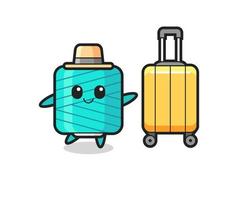 yarn spool cartoon illustration with luggage on vacation vector