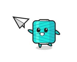 yarn spool cartoon character throwing paper airplane vector