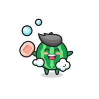 watermelon character is bathing while holding soap vector