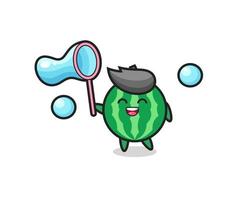 happy watermelon cartoon playing soap bubble vector