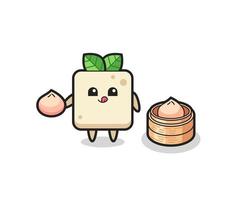 cute tofu character eating steamed buns vector