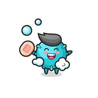 virus character is bathing while holding soap vector