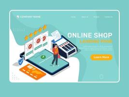 Online shop Landing Page with man buying with cell phone.