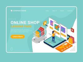 Online shop landing page illustration with woman and product list.