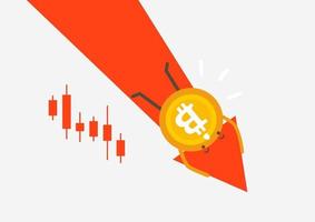 The fallen in price Bitcoin flying down on red arrow. vector