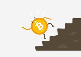 Bitcoin falls down the stairs. Bankrupt Bitcoin. vector