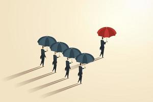 Different concept business men holding red umbrellas stand out. vector