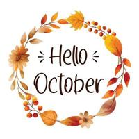 Hello october with ornate of leaves flower frame. Autumn october vector