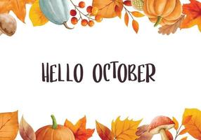 Hello october with ornate of leaves flower frame. Autumn october vector