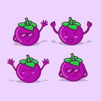 Set of mangosteen character with face and hand on purple background vector